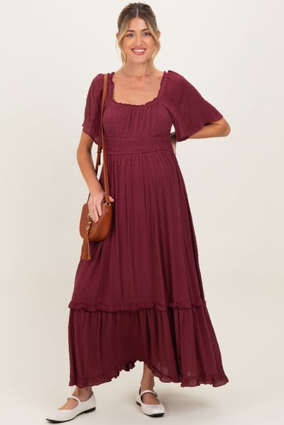 PinkBlush Burgundy Swiss Dot Ruffle Trim Maternity Maxi Dress