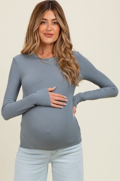 PinkBlush Grey Ribbed Maternity Long Sleeve Top