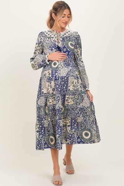 PinkBlush Blue Floral Patchwork Print Front Tie Maternity Midi Dress