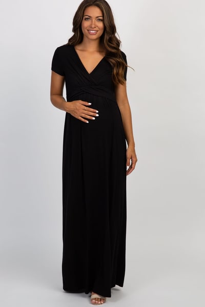 PinkBlush PinkBlush Petite Black Draped Maternity/Nursing Maxi Dress