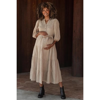 Target Pinkblush Taupe Floral Jacquard Button Front Tiered Maternity Dress XL