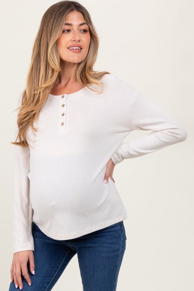PinkBlush Cream Brushed Knit Henley Maternity Top