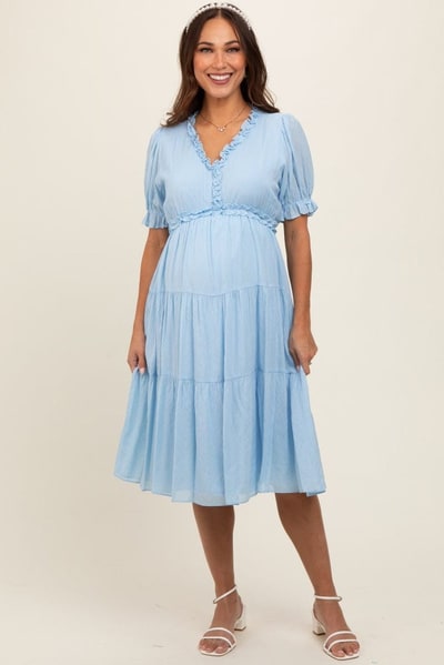 PinkBlush Light Blue Ruffle Trim Tiered Maternity Dress