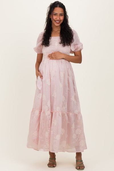 PinkBlush Light Pink Embroidered Floral Smocked Maternity Maxi Dress