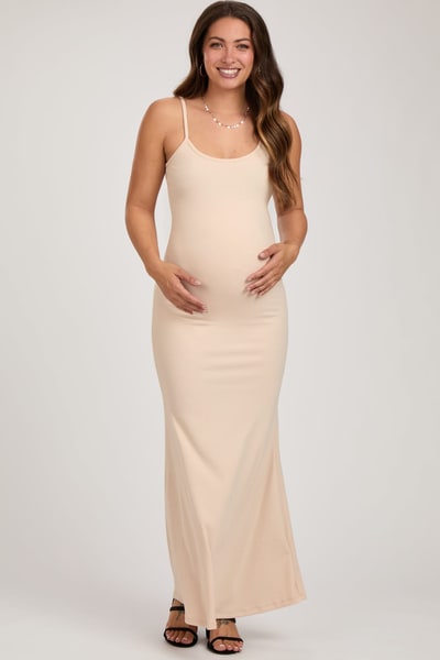 PinkBlush Cream Sleeveless Ribbed Maternity Maxi Dress