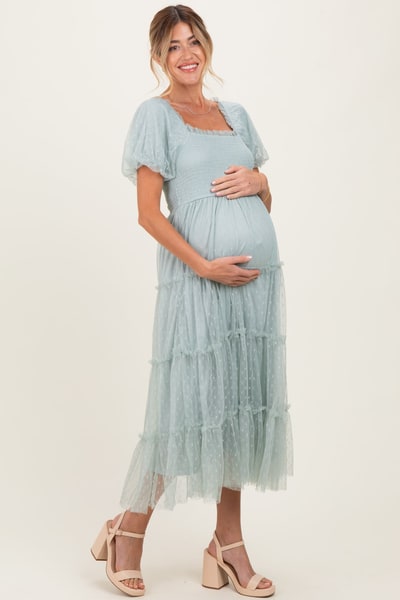 PinkBlush Sage Tulle Puff Sleeve Smocked Maternity Midi Dress