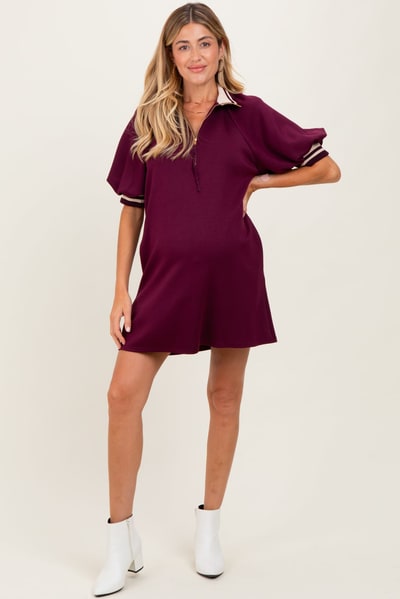 PinkBlush Plum Half Zip Puff Sleeve Maternity Mini Dress