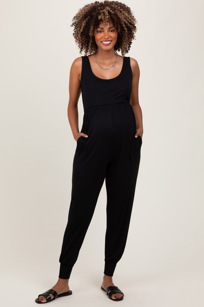 PinkBlush Black Scoop Neck Sleeveless Maternity Jogger Jumpsuit