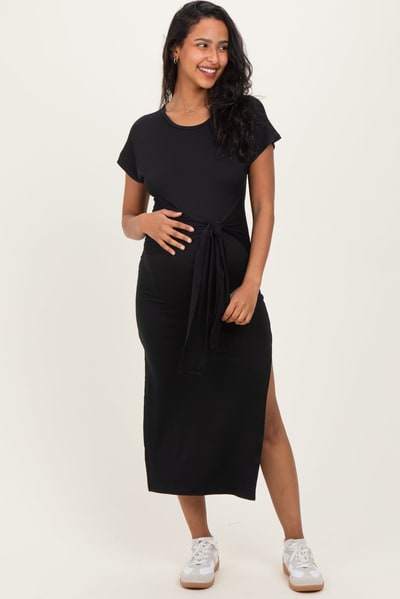 PinkBlush Black Waist Tie Short Sleeve Side Slit Maternity Dress