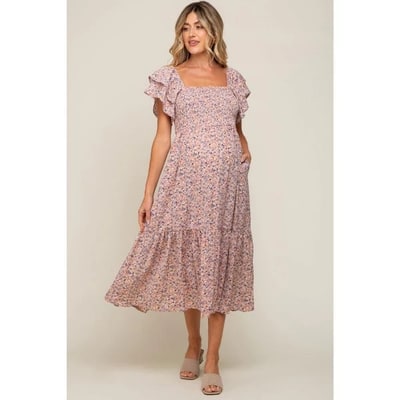 Target PinkBlush Light Pink Floral Flutter Maternity Midi Dress Light Pink Large