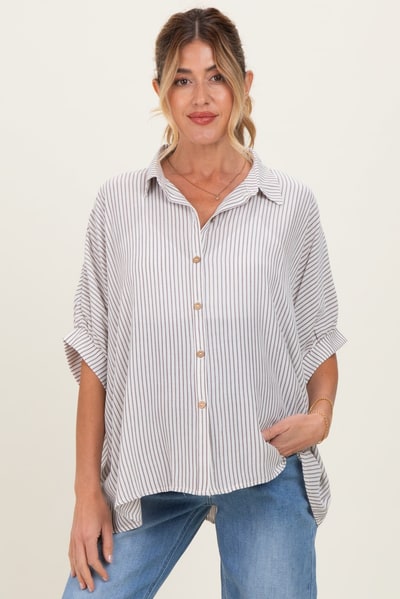 PinkBlush Brown Striped Boxy Button Down Maternity Top