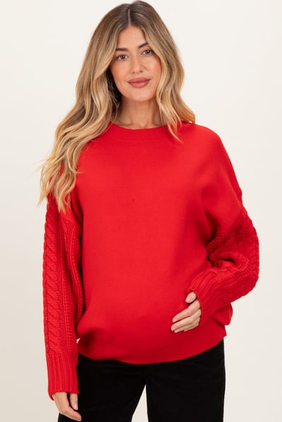 PinkBlush Red Cable Knit Sleeve Round Neck Maternity Sweater
