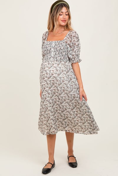PinkBlush Cream Floral Smocked Puff Sleeve Maternity Midi Dress