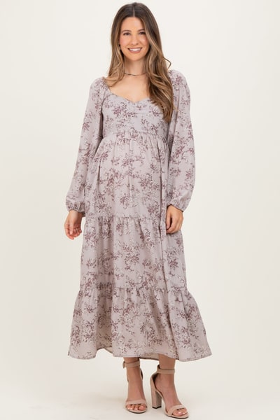PinkBlush White Grey Antique Floral Neck Maternity Maxi Dress