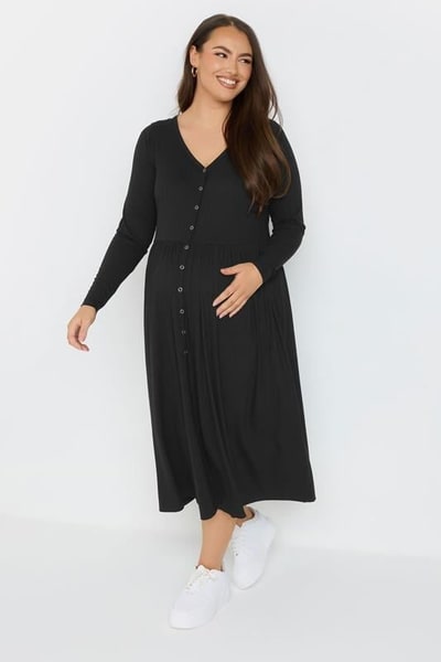 Yours Clothing BUMP IT UP MATERNITY Black Premium Ribbed Button Through Dress