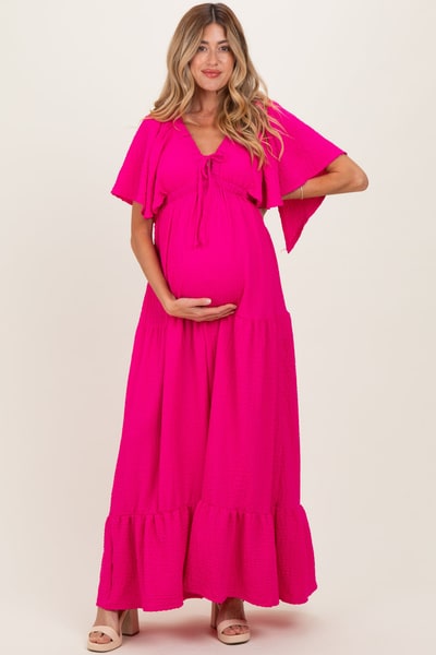 PinkBlush Fuchsia Woven Textured Flutter Sleeve V-Neck Tiered Maternity Maxi Dress