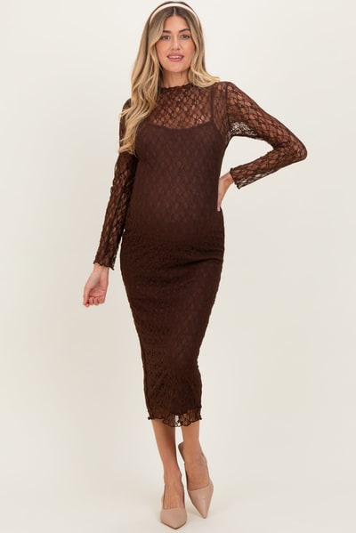 PinkBlush Brown Lace Overlay Fitted Maternity Midi Dress
