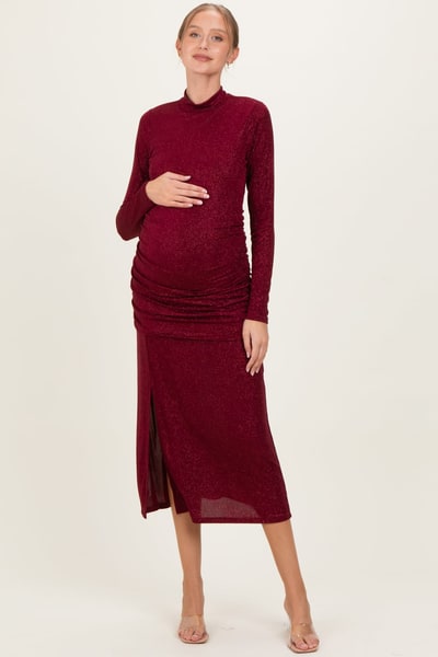 PinkBlush Burgundy Sequin Long Sleeve Mock Neck Maternity Maxi Dress