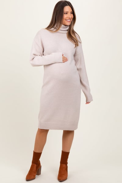 PinkBlush Beige Turtleneck Side Slit Maternity Midi Sweater Dress