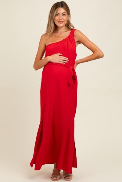 PinkBlush Red Asymmetrical Maternity Maxi Dress