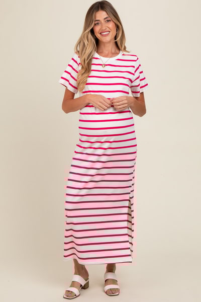 PinkBlush Fuchsia Striped Side Slit Maternity Maxi Dress