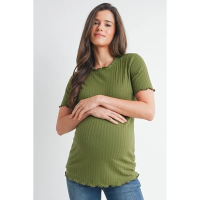 Target Hello Miz Women's Ribbed Crew Neck Short Sleeve Maternity Top with Lettuce Hem - Olive - Large