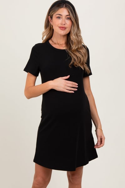 PinkBlush Black Ribbed Knit Basic Short Sleeve Maternity T-Shirt Dress