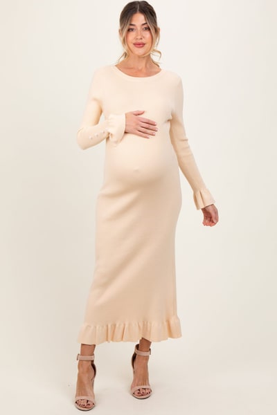 PinkBlush Light Yellow Ribbed Knit Bow Back Maternity Maxi Dress
