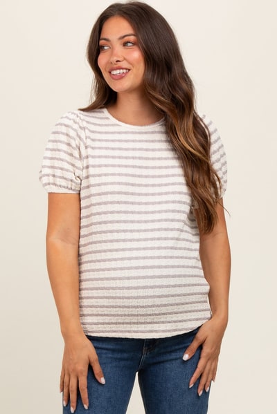 PinkBlush Grey Striped Textured Puff Sleeve Maternity Top