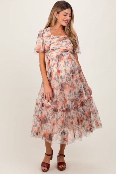 PinkBlush Peach Floral Mesh Sweetheart Neck Maternity Midi Dress