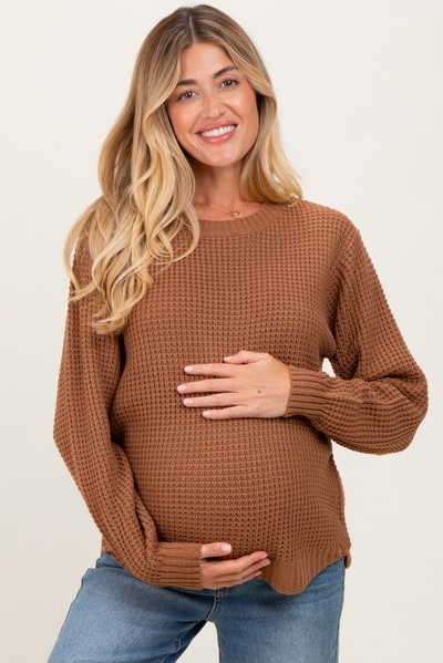 PinkBlush Camel Waffle Knit Rounded Hem Maternity Sweater