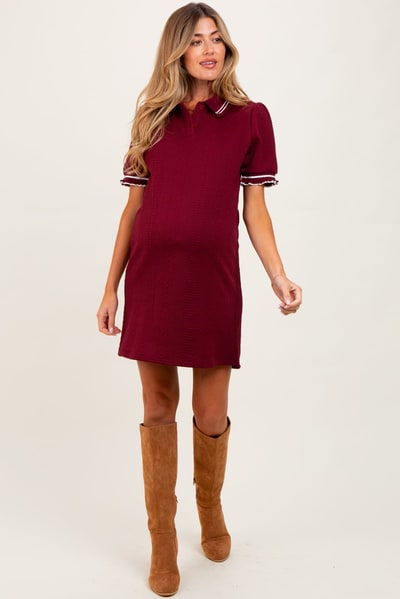 PinkBlush Burgundy Jacquard Ruffle Accent Maternity Polo Dress
