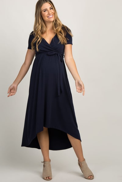 PinkBlush PinkBlush Navy Blue Solid Hi-Low Maternity Wrap Dress