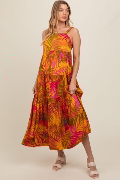 PinkBlush Orange Tropical Tiered Maternity Maxi Dress