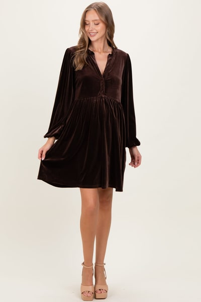 PinkBlush Brown Velvet Button Up V-Neck Maternity Dress