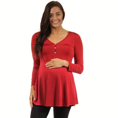 Target 24seven Comfort Apparel Maternity Flared Long Sleeve Henley Top-Wine-M