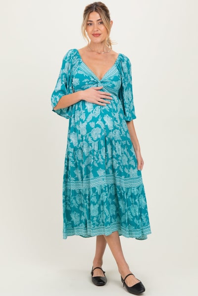 PinkBlush Turquoise Floral Twisted Front Flutter Sleeve Maternity Midi Dress
