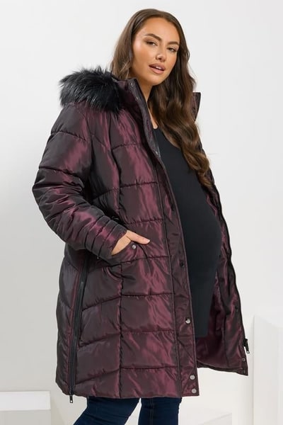 Yours Clothing BUMP IT UP Maternity Purple Panelled Puffer Midi Coat