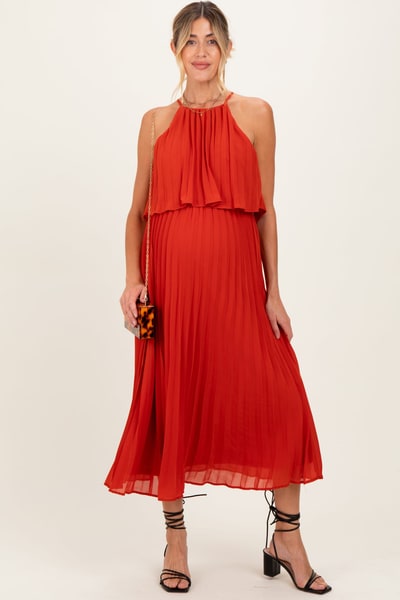 PinkBlush Red Pleated Woven Maternity Midi Dress