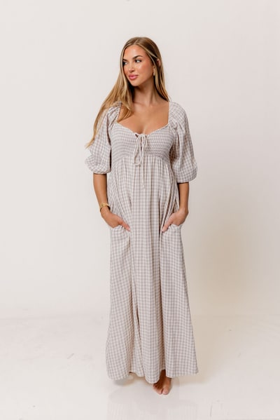 Worth Collective Cecilia 100% Cotton Smocked Maxi Dress in Wisteria Plaid (Lined) - Bump Friendly