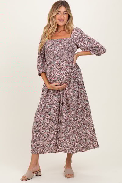 PinkBlush Cream Floral Print Smocked Bodice Maternity Maxi Dress
