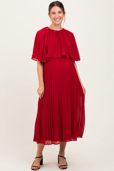 PinkBlush Burgundy Pleated Cape Maternity Midi Dress