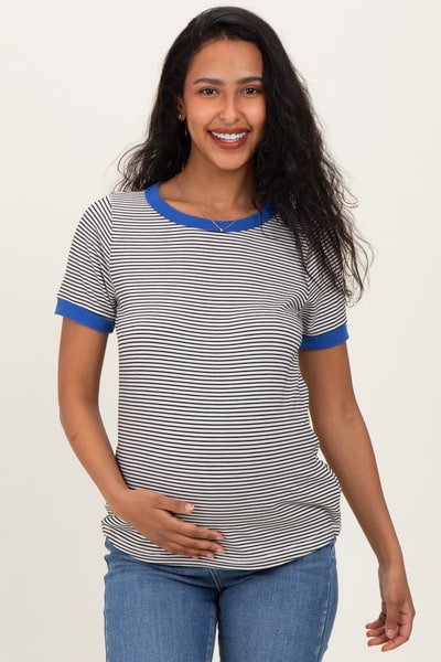 PinkBlush Ivory Blue Trimmed Striped Maternity Top