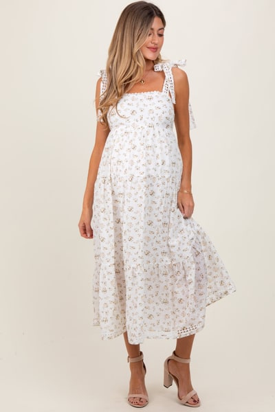 PinkBlush Light Yellow Floral Shoulder Tie Maternity Midi Dress