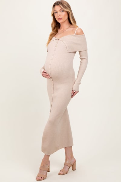 PinkBlush Beige Off Shoulder Long Cardigan Maternity Maxi Dress