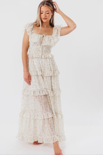 Worth Collective Astrid Ruffle Detail Maxi Dress in Yellow Floral  - Bump Friendly