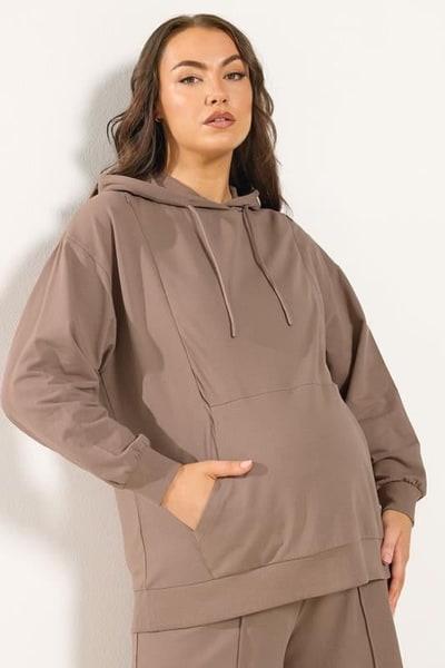 Yours Clothing BUMP IT UP MATERNITY Brown Zip Side Nursing Hoodie