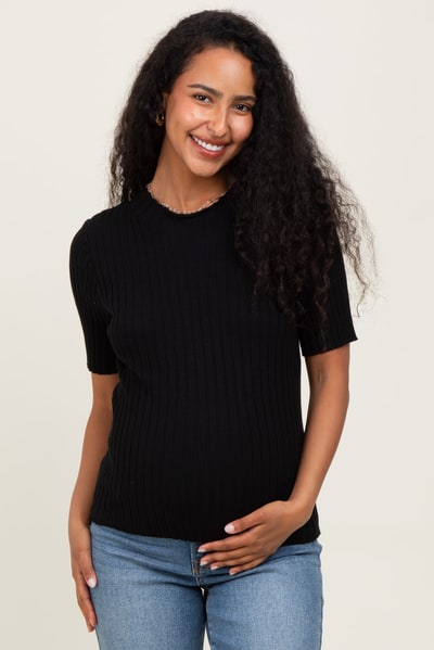 PinkBlush Black Ribbed Mock Neck Knit Maternity Short Sleeve Top