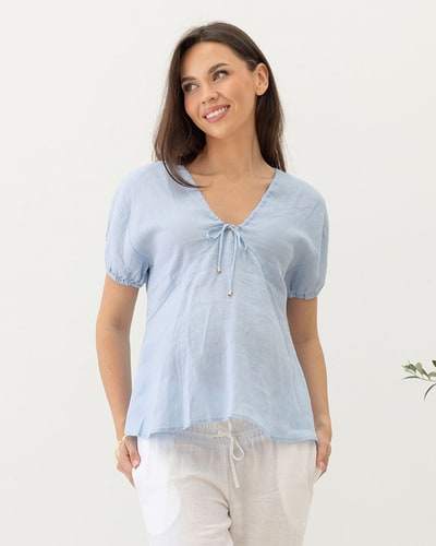 Angel Maternity Brigitte Maternity Linen Blouse - Baby Blue