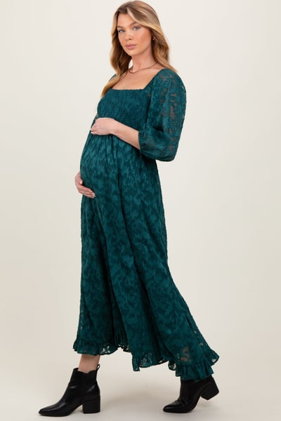 PinkBlush Forest Green Textured Overlay Smocked Ruffled Hem Maternity Maxi Dress